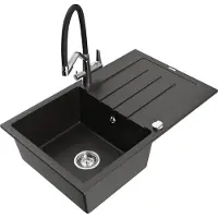 Mexen Bruno 1 Becken-Granitspüle mit Abtropffläche und Mischbatterie Duo, Schwarz/Gold metallisch - 6513-75-671701-07