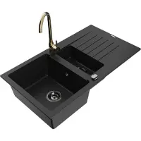 Mexen Matias 1,5-Becken-Granitspüle mit Abtropffläche und Mischbatterie Telma, Schwarz - 6502-77-670200-50-B