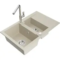 Mexen Gaspar 1,5-Becken-Granitspüle mit Abtropffläche und Mischbatterie Flora, Beige - 6507-69-670401-00