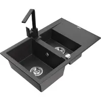 Mexen Gaspar 1,5-Becken-Granitspüle mit Abtropffläche und Mischbatterie Rita, Schwarz gesprenkelt - 6507-76-670300-70