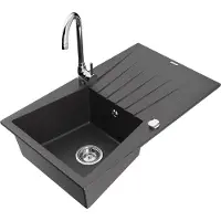 Mexen Cesar 1 Becken-Granitspüle mit Abtropffläche und Mischbatterie Telma, Schwarz gesprenkelt - 6514-76-670200-00