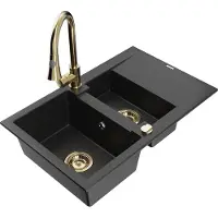 Mexen Gaspar 1,5-Becken-Granitspüle mit Abtropffläche und Mischbatterie Elia, Schwarz/Silbermetallic - 6507-73-670101-50
