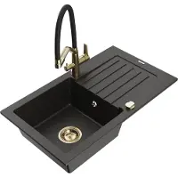 Mexen Pablo 1 Becken-Granitspüle mit Abtropffläche und Mischbatterie Duo, Schwarz/Gold metallisch - 6510-75-671701-57-G