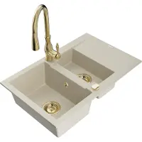 Mexen Gaspar 1,5-Becken-Granitspüle mit Abtropffläche und Mischbatterie Savita, Beige - 6507-69-672601-50