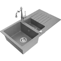 Mexen Matias 1,5-Becken-Granitspüle mit Abtropffläche und Mischbatterie Carla, Grau - 6502-71-670700-00