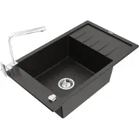 Mexen Elias 1 Becken-Granitspüle mit Abtropffläche und Mischbatterie Rita, Schwarz/Silbermetallic - 6511-73-670300-70