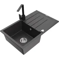 Mexen Bruno 1 Becken-Granitspüle mit Abtropffläche und Mischbatterie Rita, Schwarz gesprenkelt - 6513-76-670300-70