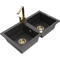 Mexen Mario 2-Becken-Granitspüle mit Mischbatterie Rita, Schwarz gesprenkelt - 6504-76-670300-50