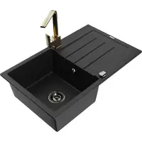 Mexen Bruno 1 Becken-Granitspüle mit Abtropffläche und Mischbatterie Rita, Schwarz - 6513-77-670300-50-B