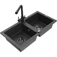 Mexen Mario 2-Becken-Granitspüle mit Mischbatterie Duero, Schwarz gesprenkelt - 6504-76-671600-70-B