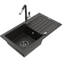 Mexen Pablo 1 Becken-Granitspüle mit Abtropffläche und Mischbatterie Flora, Schwarz/Gold metallisch - 6510-75-670401-07-B