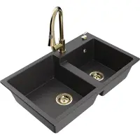 Mexen Tomas 2-Becken-Granitspüle mit Mischbatterie Elia, Schwarz gesprenkelt - 6516-76-670101-50