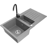 Mexen Matias 1,5-Becken-Granitspüle mit Abtropffläche und Mischbatterie Telma, Grau - 6502-71-670200-70