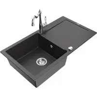 Mexen Leo 1 Becken-Granitspüle mit Abtropffläche und Mischbatterie Carla, Schwarz gesprenkelt - 6501-76-670700-00