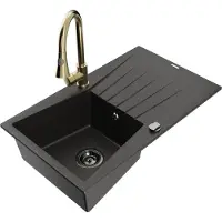 Mexen Cesar 1 Becken-Granitspüle mit Abtropffläche und Mischbatterie Elia, Schwarz/Gold metallisch - 6514-75-670101-50-B