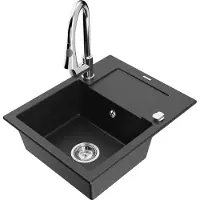 Mexen Enzo 1 Becken-Granitspüle mit Abtropffläche und Mischbatterie Elia, Schwarz/Silbermetallic - 6506-73-670101-00