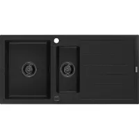 Mexen Andres 1,5-Becken-Granitspüle mit Abtropffläche 1000 x 500 mm Schwarz, Siphon Schwarz - 6515101510-77-B