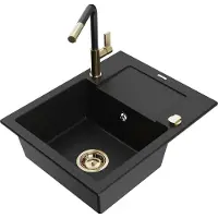Mexen Enzo 1 Becken-Granitspüle mit Abtropffläche und Mischbatterie Flora, Schwarz - 6506-77-670401-57-G