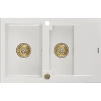 Mexen Gaspar 1,5-Becken-Granitspüle mit Abtropffläche 737 x 475 mm, Weiß, Siphon Gold - 6507731505-20-G