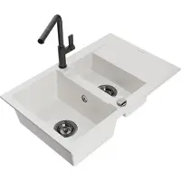 Mexen Gaspar 1,5-Becken-Granitspüle mit Abtropffläche und Mischbatterie Flora, Weiß - 6507-20-670401-70-B