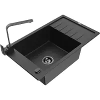 Mexen Elias 1 Becken-Granitspüle mit Abtropffläche und Mischbatterie Rita, Schwarz/Silbermetallic - 6511-73-670300-70-B