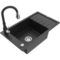 Mexen Elias 1 Becken-Granitspüle mit Abtropffläche und Mischbatterie Savita, Schwarz/Silbermetallic- 6511-73-672601-70