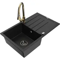 Mexen Bruno 1 Becken-Granitspüle mit Abtropffläche und Mischbatterie Elia, Schwarz - 6513-77-670101-50-B