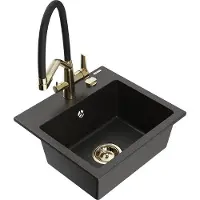 Mexen Milo 1-Becken-Granitspüle mit Mischbatterie Duo, Schwarz/Gold metallisch - 6505-75-671701-57-G