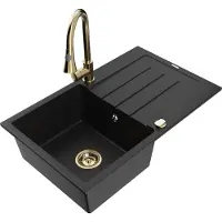 Mexen Bruno 1 Becken-Granitspüle mit Abtropffläche und Mischbatterie Elia, Schwarz - 6513-77-670101-50