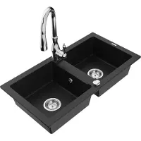 Mexen Mario 2-Becken-Granitspüle mit Mischbatterie Savita, Schwarz - 6504-77-672601-00