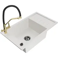 Mexen Elias 1 Becken-Granitspüle mit Abtropffläche und Mischbatterie Duo, Weiß - 6511-20-671701-57-B