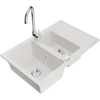 Mexen Gaspar 1,5-Becken-Granitspüle mit Abtropffläche und Mischbatterie Telma, Weiß - 6507-20-670200-00