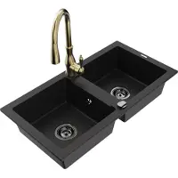 Mexen Mario 2-Becken-Granitspüle mit Mischbatterie Savita, Schwarz - 6504-77-672601-50-B