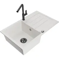 Mexen Bruno 1 Becken-Granitspüle mit Abtropffläche und Mischbatterie Flora, Weiß - 6513-20-670401-70-B