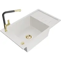 Mexen Elias 1 Becken-Granitspüle mit Abtropffläche und Mischbatterie Flora, Weiß - 6511-20-670401-57-G