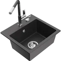 Mexen Milo 1-Becken-Granitspüle mit Mischbatterie Flora, Schwarz/Gold metallisch - 6505-76-670401-08