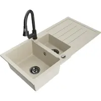 Mexen Andres 1,5-Becken-Granitspüle mit Abtropffläche und Mischbatterie Elia, Beige - 6515-69-670101-70