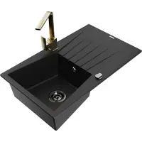 Mexen Cesar 1 Becken-Granitspüle mit Abtropffläche und Mischbatterie Rita, Schwarz - 6514-77-670300-50-B