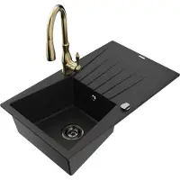 Mexen Cesar 1 Becken-Granitspüle mit Abtropffläche und Mischbatterie Savita, Schwarz - 6514-77-672601-50-B