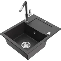 Mexen Enzo 1 Becken-Granitspüle mit Abtropffläche und Mischbatterie Flora, Schwarz gesprenkelt - 6506-76-670401-08