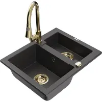 Mexen Carlos 1,5-Becken-Granitspüle mit Mischbatterie Elia, Schwarz gesprenkelt - 6518-76-670101-50