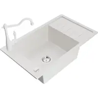 Mexen Elias 1 Becken-Granitspüle mit Abtropffläche und Mischbatterie Carla, Weiß - 6511-20-670700-20