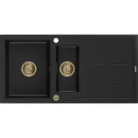 Mexen Andres 1,5-Becken-Granitspüle mit Abtropffläche 1000 x 500 mm Schwarz, Siphon Gold - 6515101510-77-G