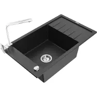 Mexen Elias 1 Becken-Granitspüle mit Abtropffläche und Mischbatterie Rita, Schwarz/Silbermetallic - 6511-73-670300-00