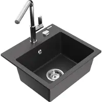 Mexen Milo 1-Becken-Granitspüle mit Mischbatterie Flora, Schwarz gesprenkelt - 6505-76-670401-00