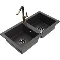 Mexen Mario 2-Becken-Granitspüle mit Mischbatterie Flora, Schwarz gesprenkelt - 6504-76-670401-57-B