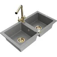 Mexen Mario 2-Becken-Granitspüle mit Mischbatterie Duero, Grau - 6504-71-671600-50