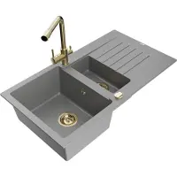 Mexen Matias 1,5-Becken-Granitspüle mit Abtropffläche und Mischbatterie Duero, Grau - 6502-71-671600-50