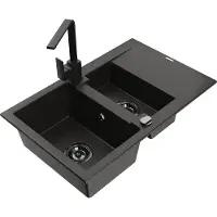 Mexen Gaspar 1,5-Becken-Granitspüle mit Abtropffläche und Mischbatterie Rita, Schwarz/Gold - 6507-75-670300-70-B