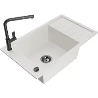 Mexen Elias 1 Becken-Granitspüle mit Abtropffläche und Mischbatterie Flora, Weiß - 6511-20-670401-70-B